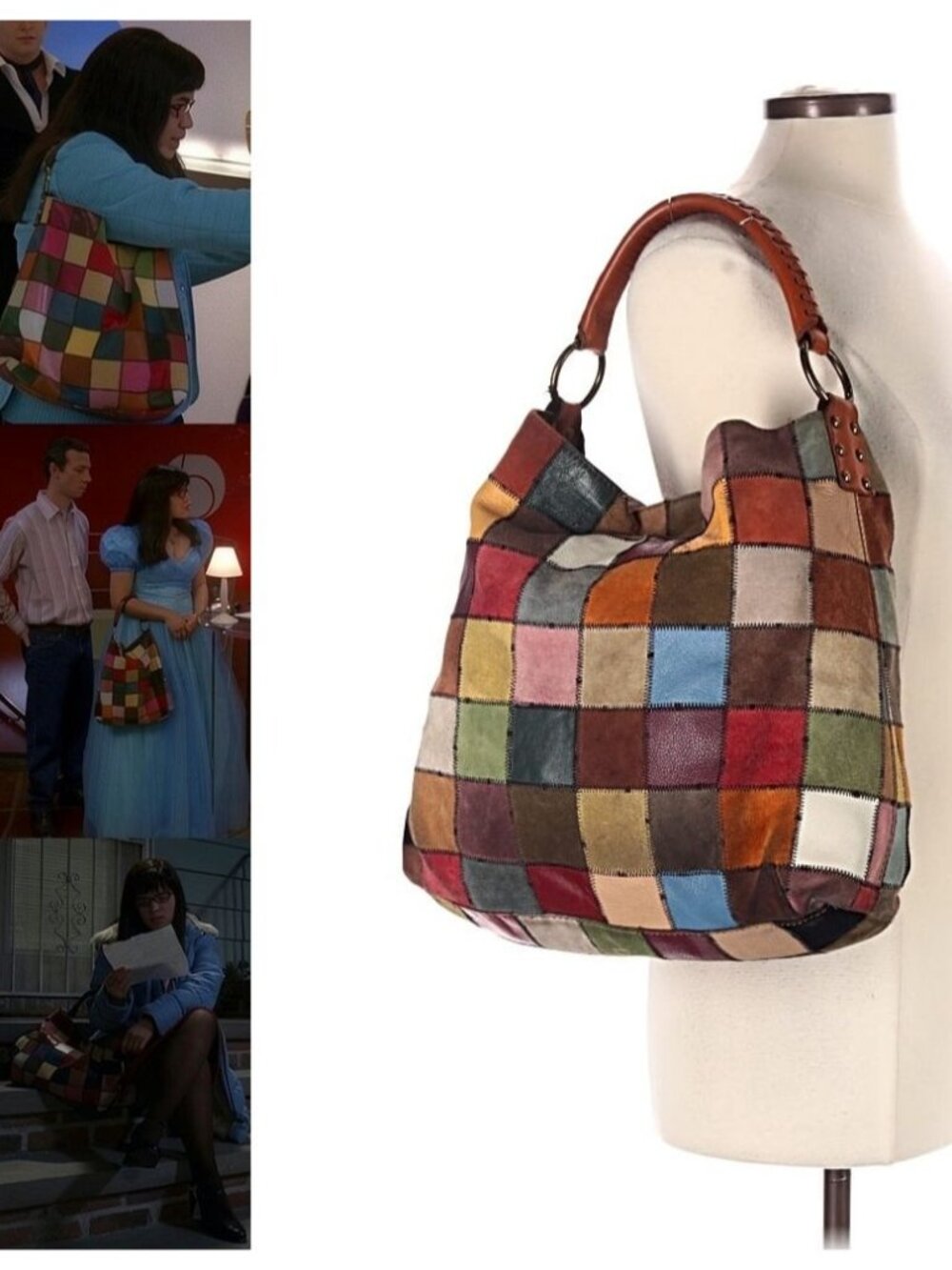 SOLD ASO UGLY BETTY Iconic Leather Patchwork Hobo Bag Purse Black RARE EUC